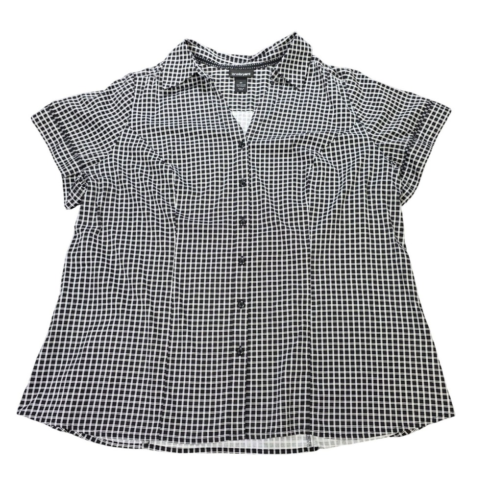 Lane Bryant Button Down Shirt Women's 22 Black White Grid Check Short Sleeve